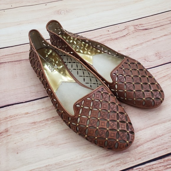 Michael Kors Shoes - Michael Kors Shoes Womens‎ Size 9M Brown Laser Cut Studded Flats Leather MK Logo